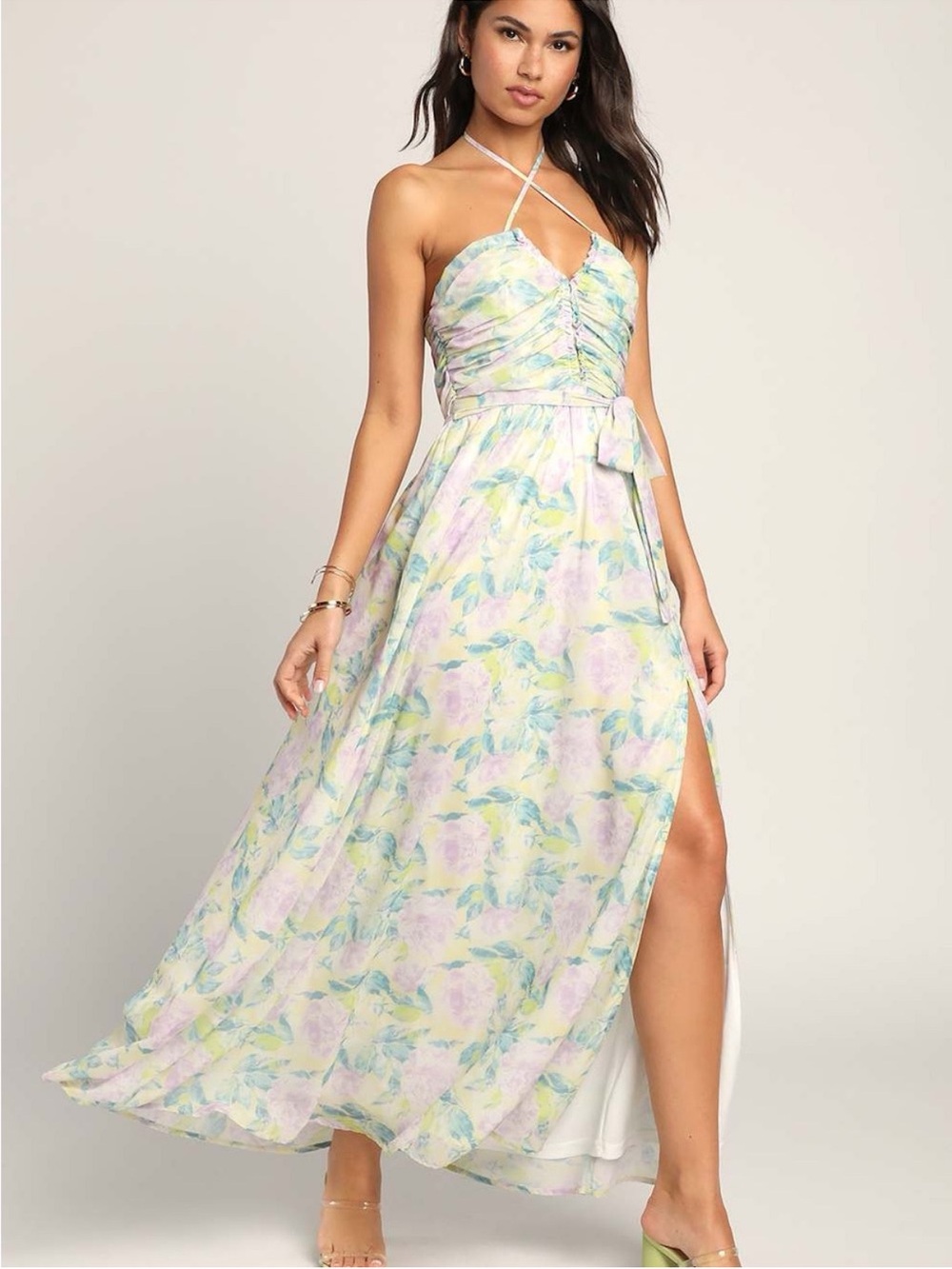 Lulu's Pastel Multi Floral Halter Maxi Dress with Side Slit